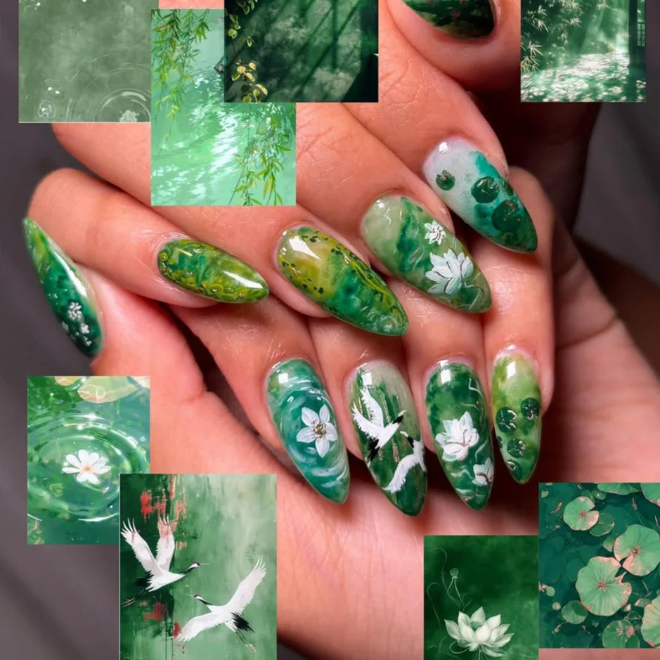 Jade Green Marble Nails with White Flowers and Painted Birds