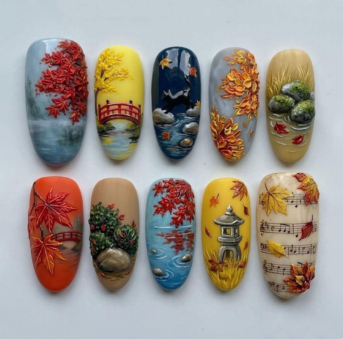 Japanese Autumn Garden Scenic Press On Nail Set With Maple Leaves and Red Bridge