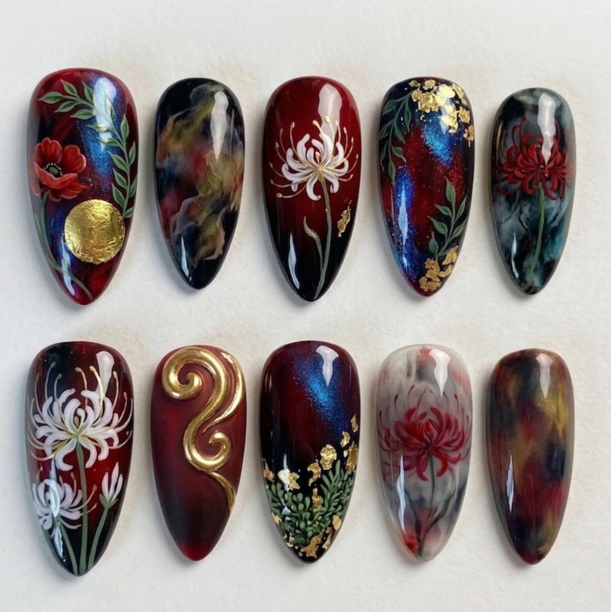 Japanese Spider Lily Press On Nails With Burgundy, Blue-Green Marbling and Gold Details