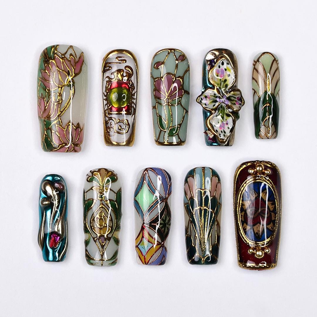 Jewel-Tone Stained Glass Floral Press-On Nail Set With Gold Details