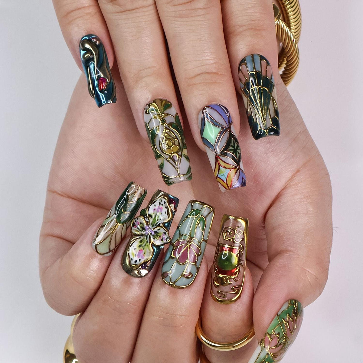Jewel-Tone Stained Glass Floral Press-On Nail Set With Gold Details
