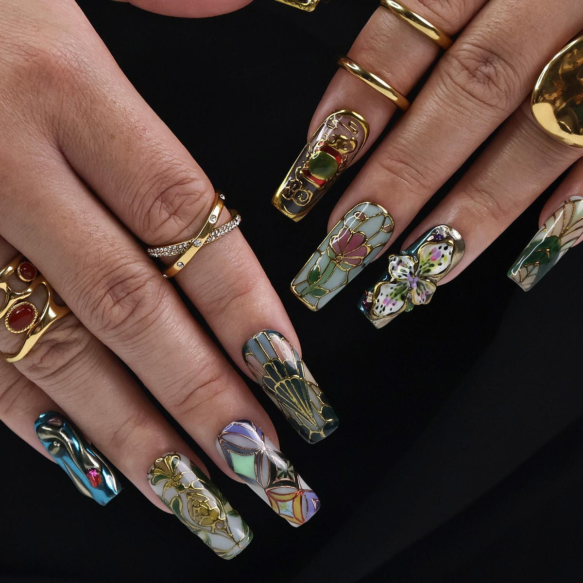 Jewel-Tone Stained Glass Floral Press-On Nail Set With Gold Details
