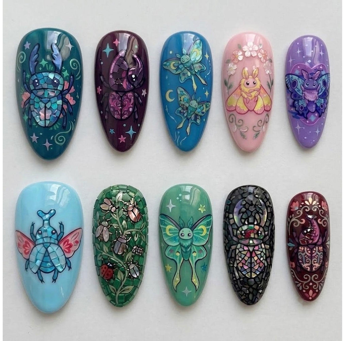 Jewel-Tone Winged Insect and Floral Nail Set with Celestial Details