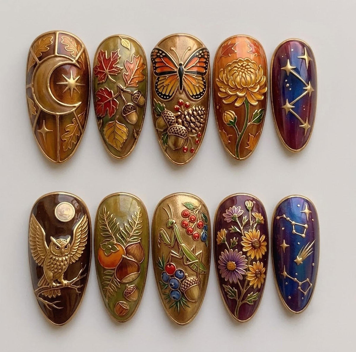 Jewel-Toned Woodland Stained Glass Celestial Fall Press-On Nails with Gold Outlines