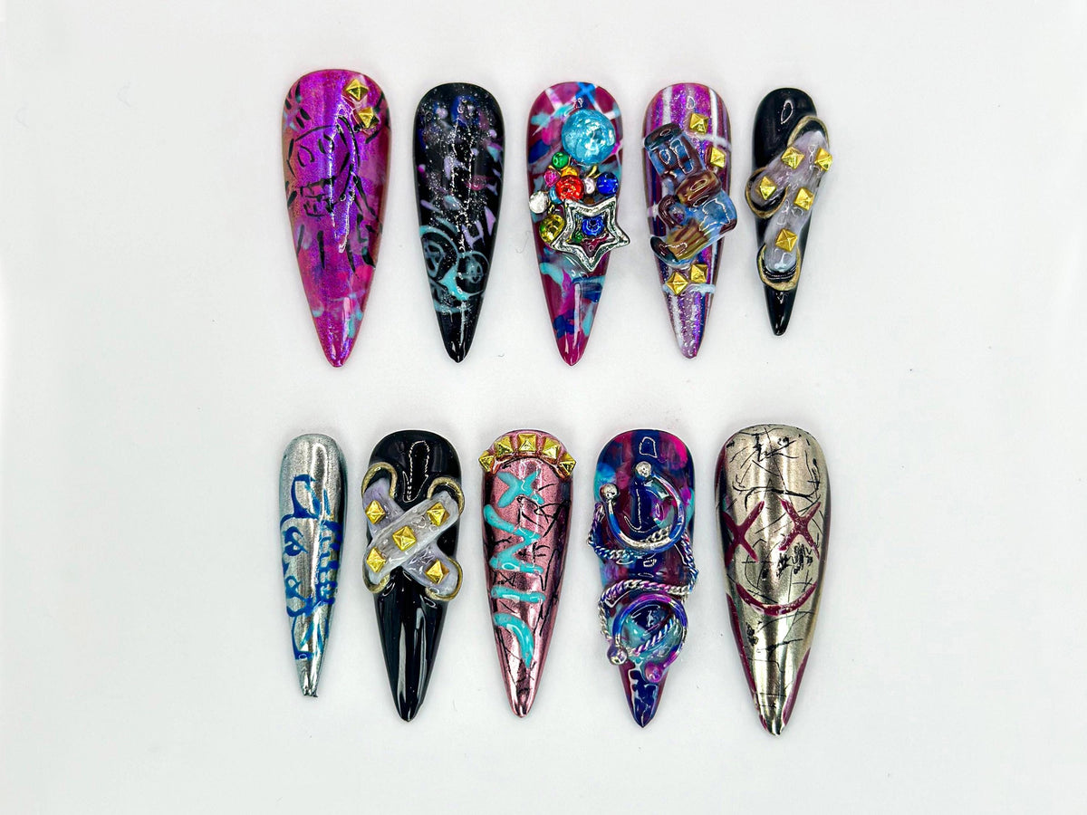 Jinx-Inspired Purple, Blue and Silver 3D Nail Set