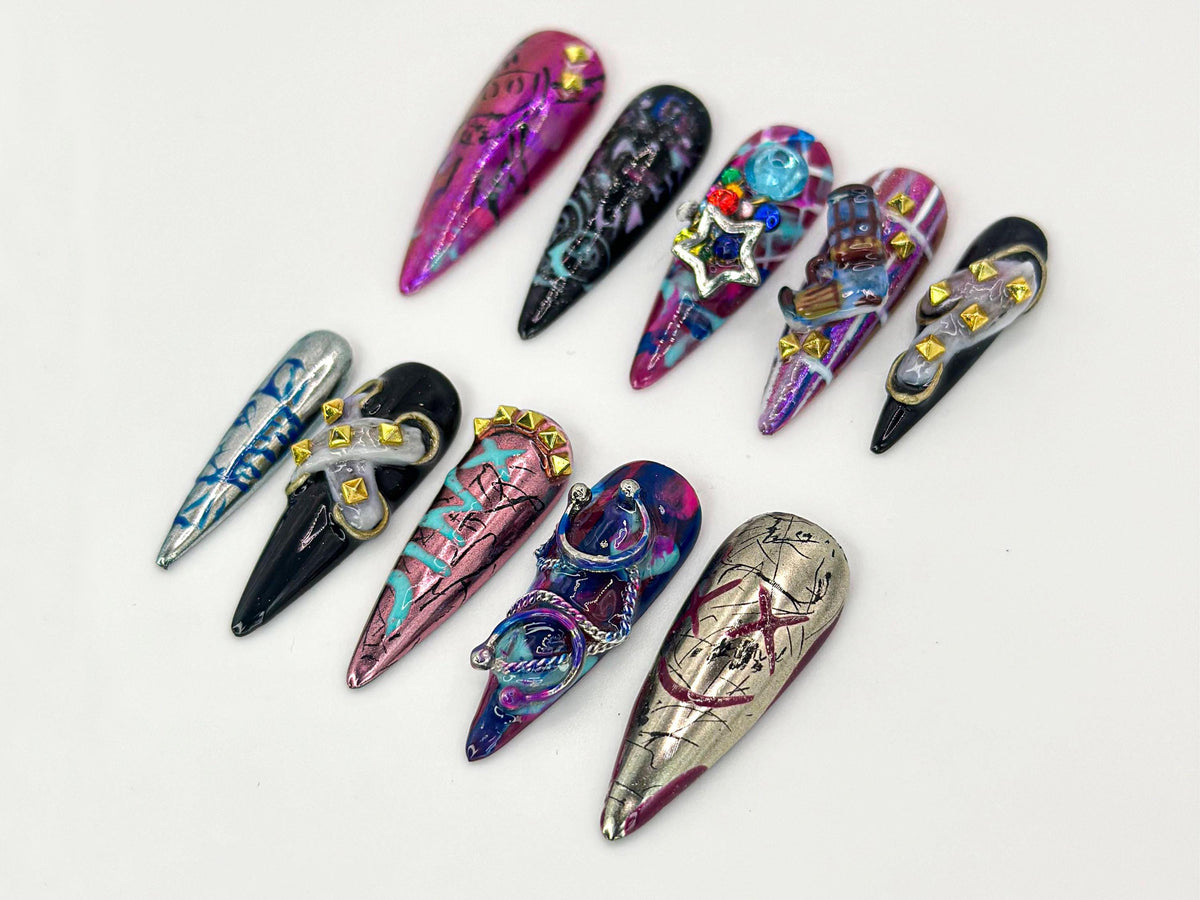 Jinx-Inspired Purple, Blue and Silver 3D Nail Set