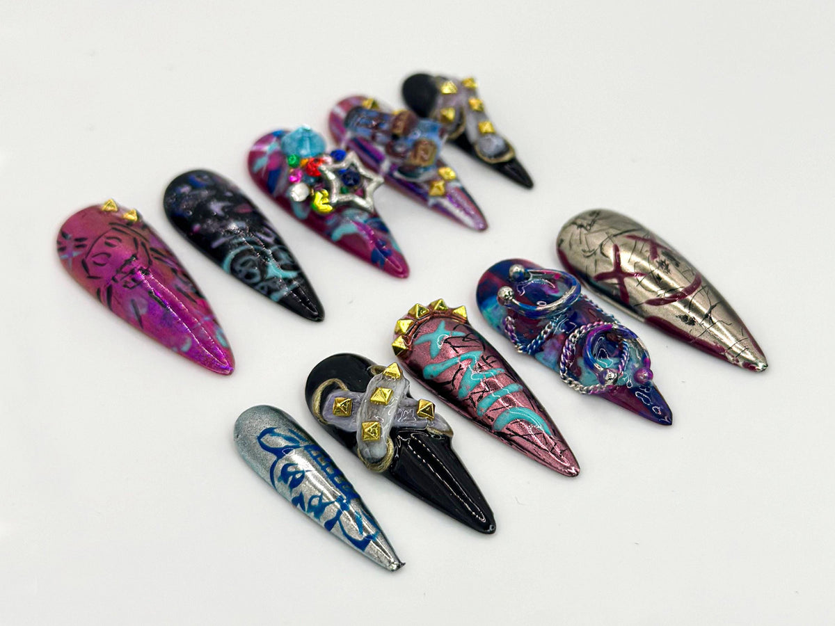 Jinx-Inspired Purple, Blue and Silver 3D Nail Set