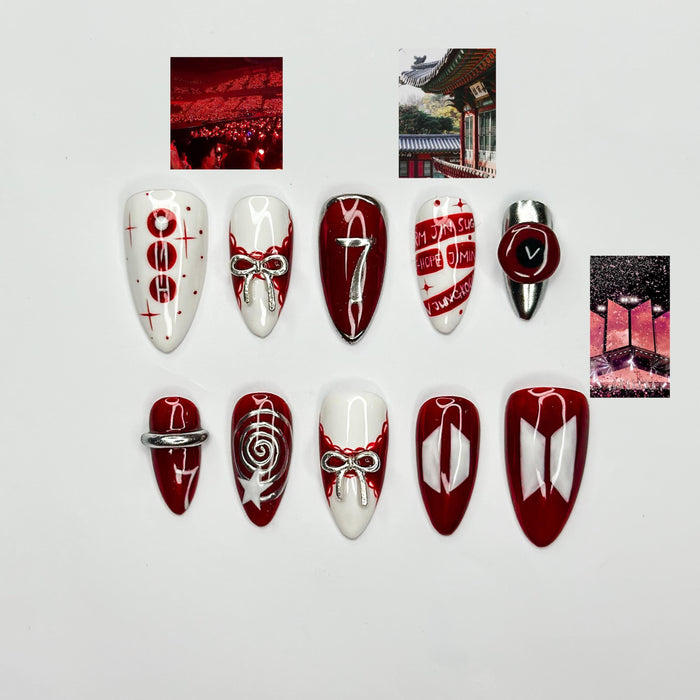 K-Pop Inspired Cherry Red, White & Silver Retro Pop Concert Bow Press On Nail Set