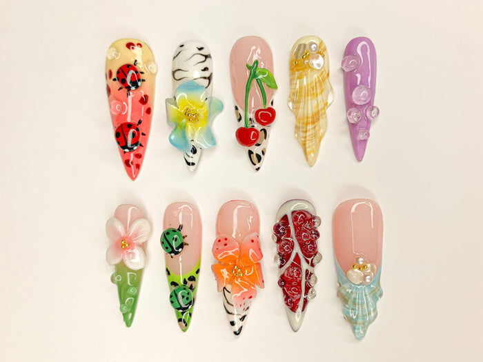 Kawaii 3D Ladybug, Cherry, and Flower Press On Nail Set with Rhinestones