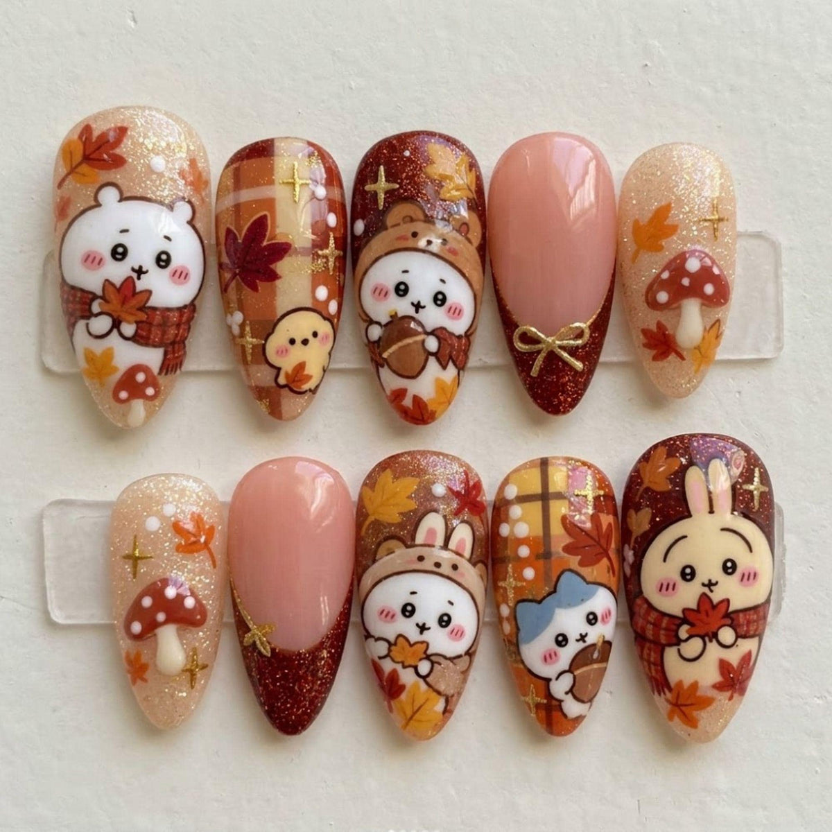 Kawaii Autumn Bear and Rabbit Nail Set With Plaid, Mushrooms and Maple Leaves
