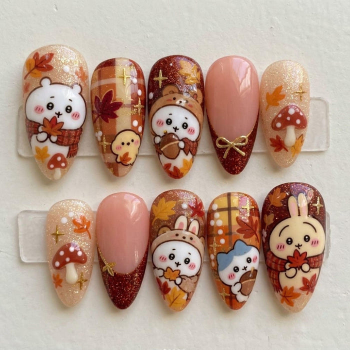 Kawaii Autumn Bear and Rabbit Press On Nail Set With Plaid, Mushrooms and Maple Leaves