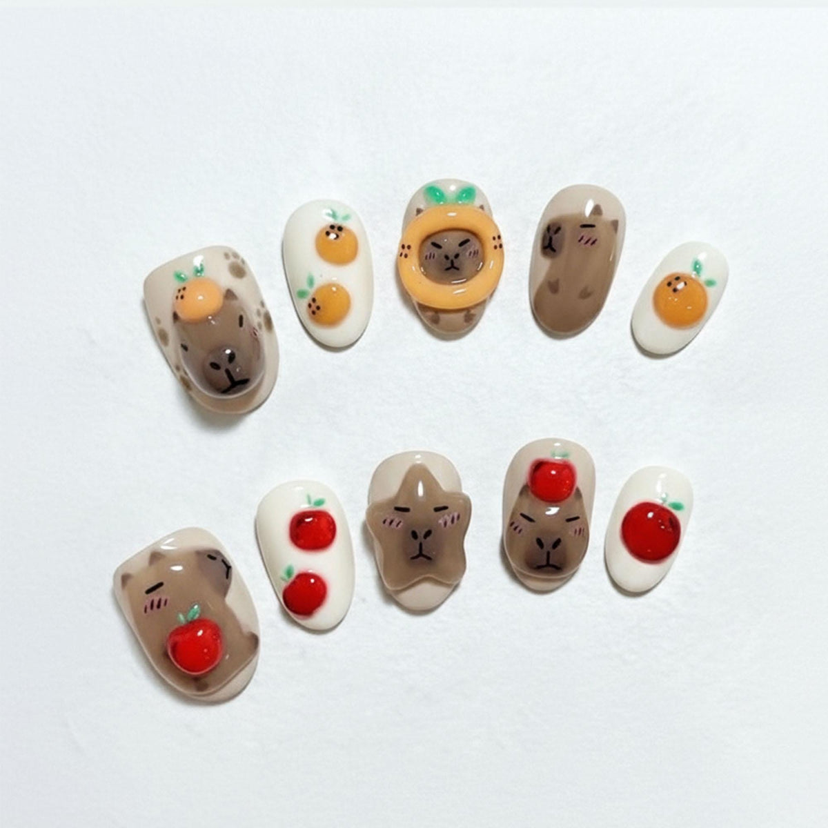 Kawaii Capybara Press-On Nails With Red Apples and Orange Fruit