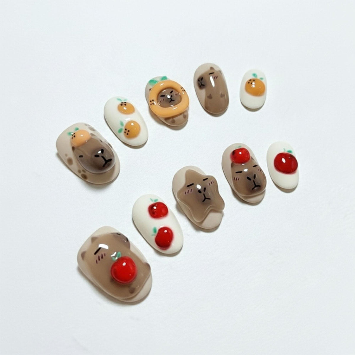 Kawaii Capybara Press-On Nails With Red Apples and Orange Fruit