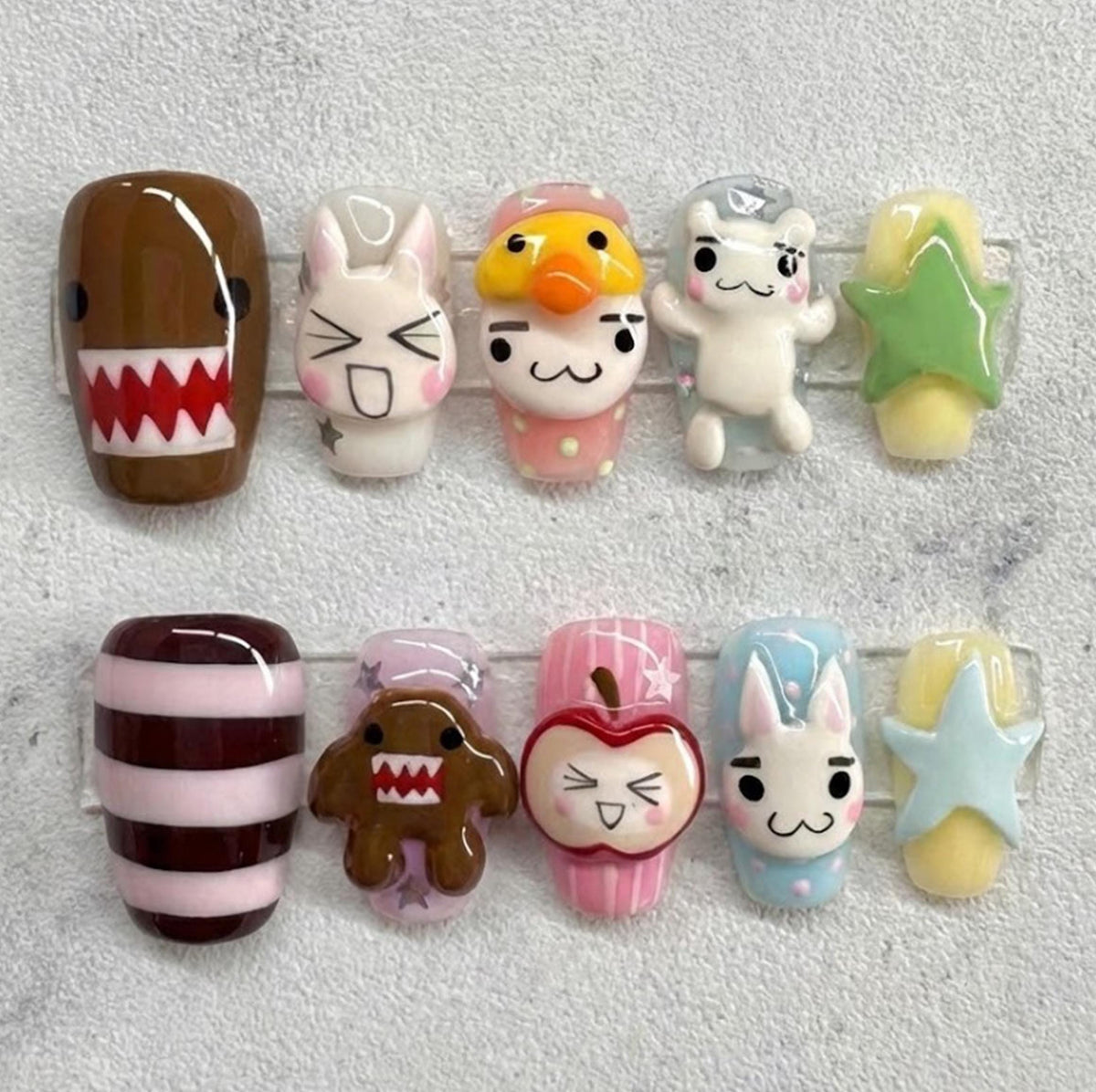 Kawaii Cartoon Character Press-On Nails With 3D Details and Pastel Stars
