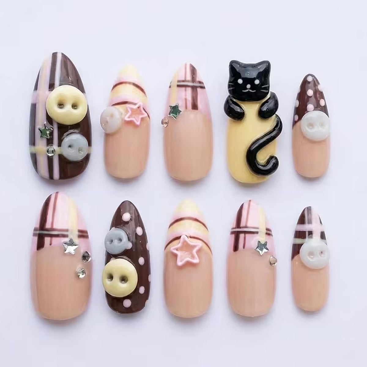 Kawaii Cat Plaid Press On Nails with Button Details, Stars and Rhinestones