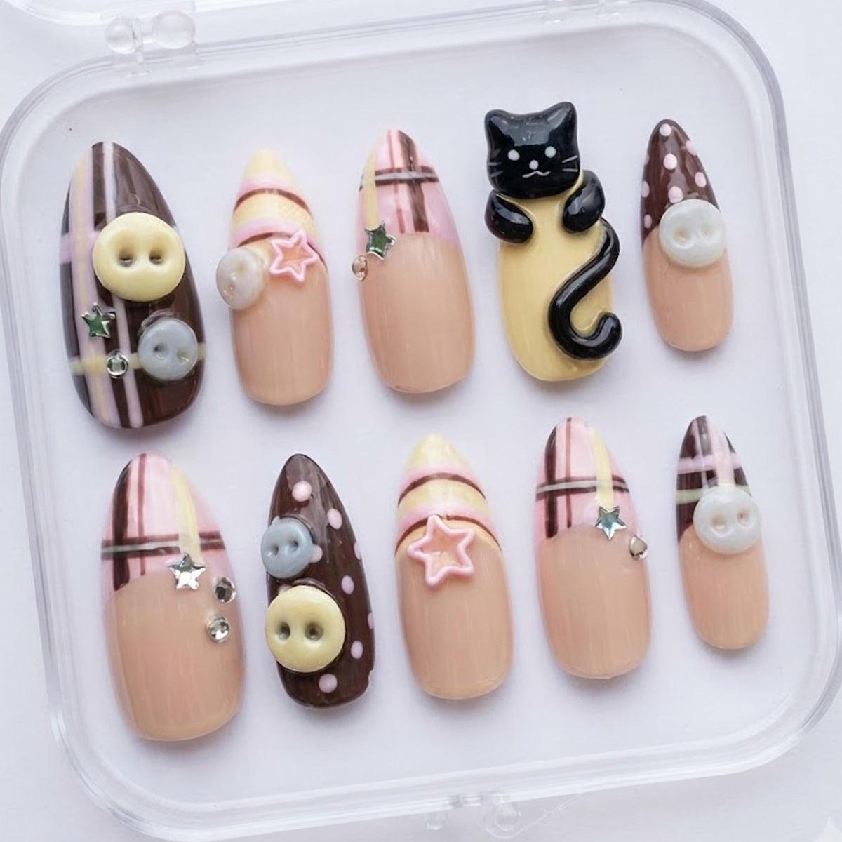 Kawaii Cat Plaid Press On Nails with Button Details, Stars and Rhinestones