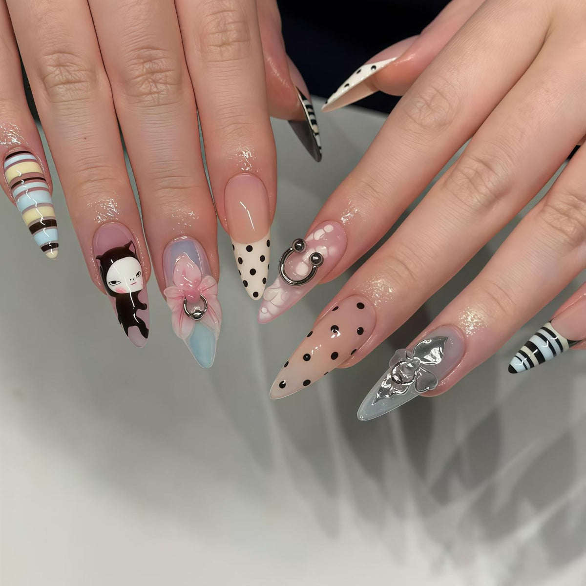 Kawaii Cat Press On Nails with Polka Dots, Striped Tips, Bows and Charms