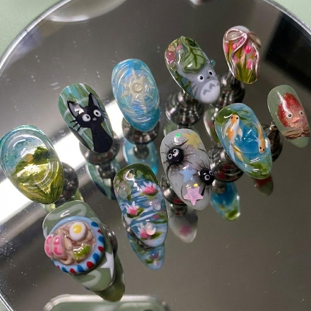 Kawaii Character-Inspired Fish & Floral Hand-Painted Nail Set