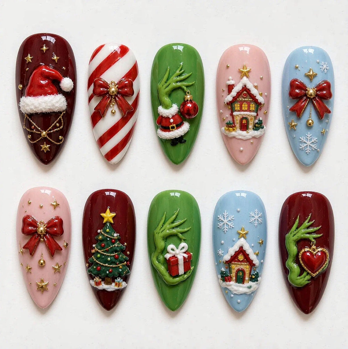 Kawaii Christmas Press-On Nails with Trees, Candy Canes, Gifts, and Bows