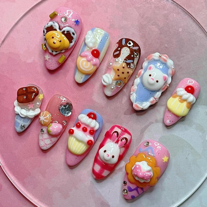 Kawaii Dessert Bunny Press On Nails with 3D Cupcakes and Ice Cream