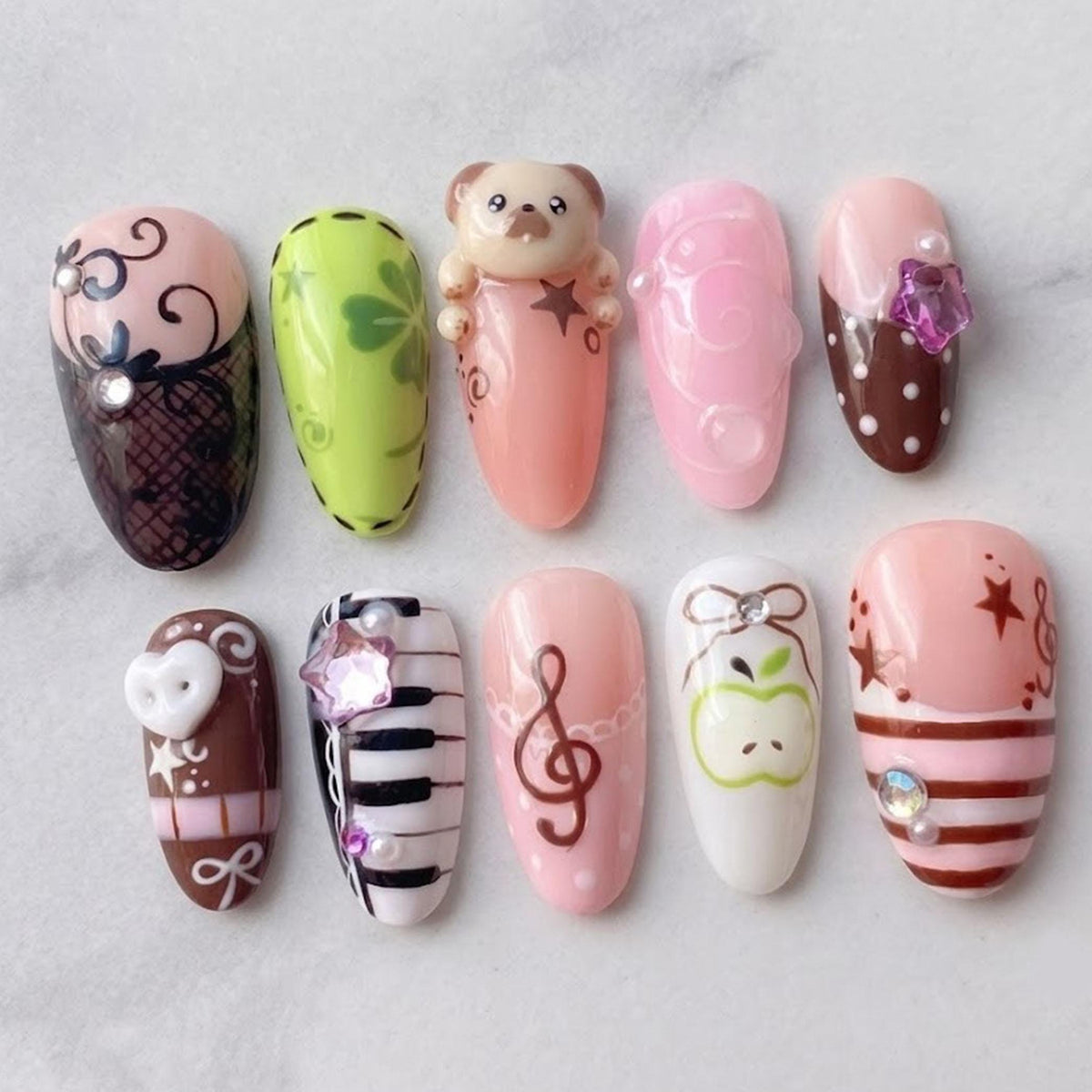 Kawaii Dog Music Nails With Piano Keys, Treble Clef, Hearts and 3D Accents