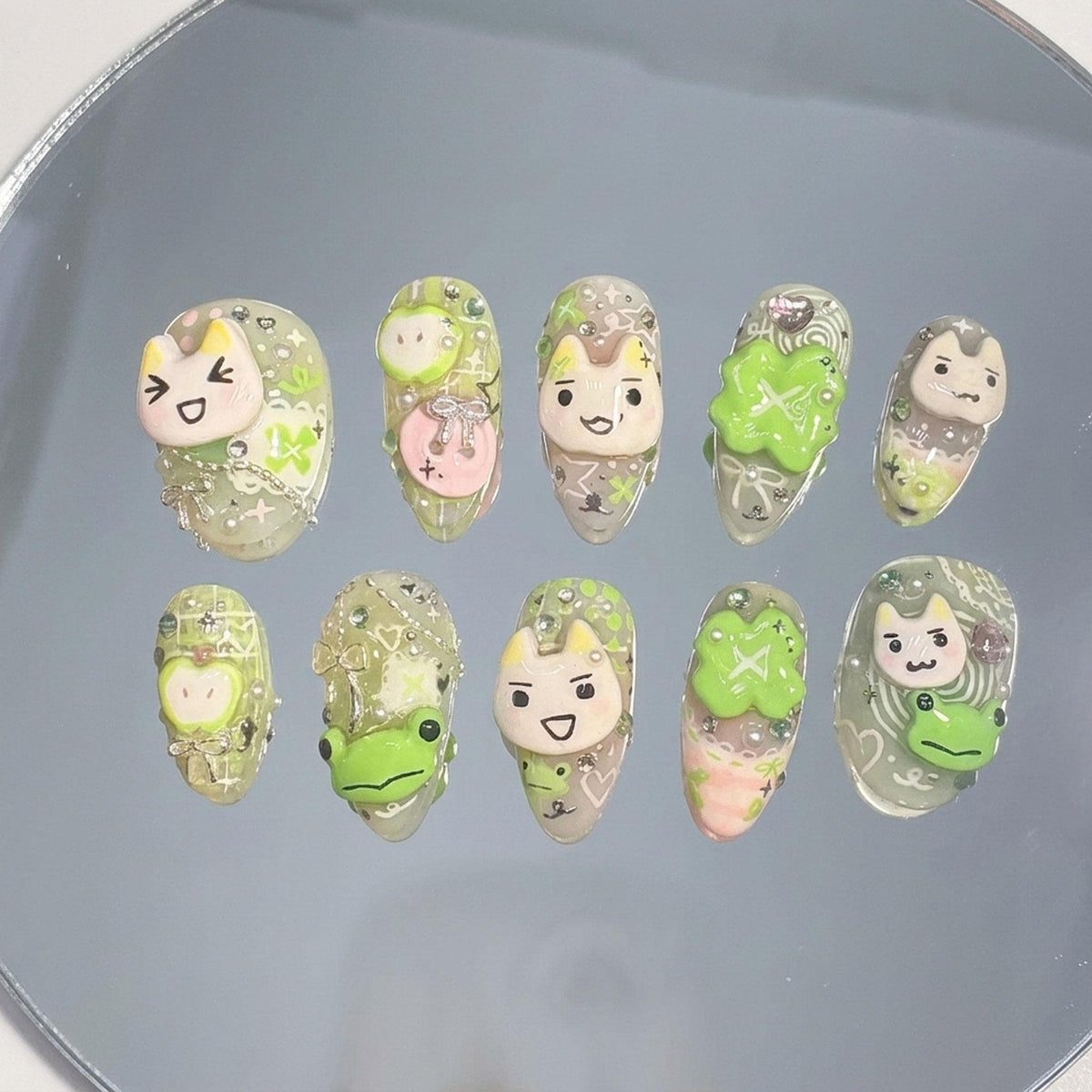 Kawaii Frog Character Press On Nails With 3D Details