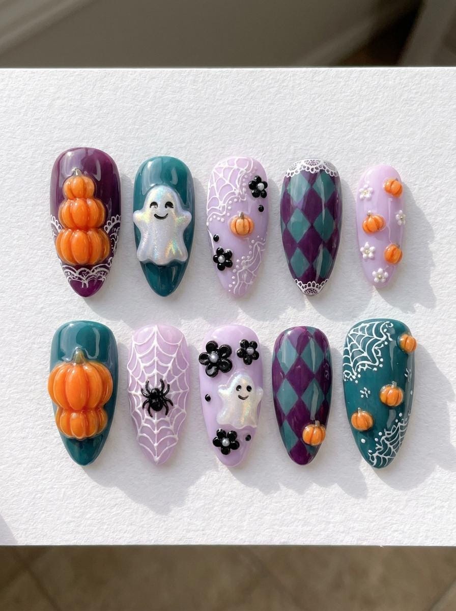 Kawaii Halloween Press On Nails With 3D Pumpkins, Ghosts, Harlequin Diamonds and Spiderwebs