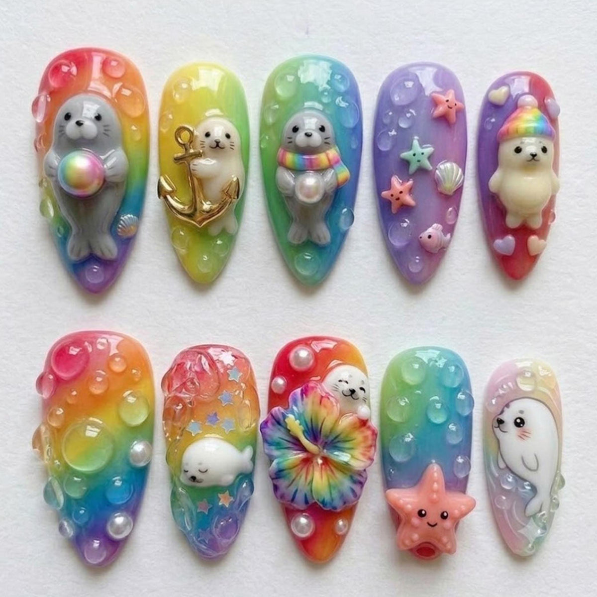 Kawaii Ocean Press On Nails with 3D Seals, Starfish, Pearls and Water Drops
