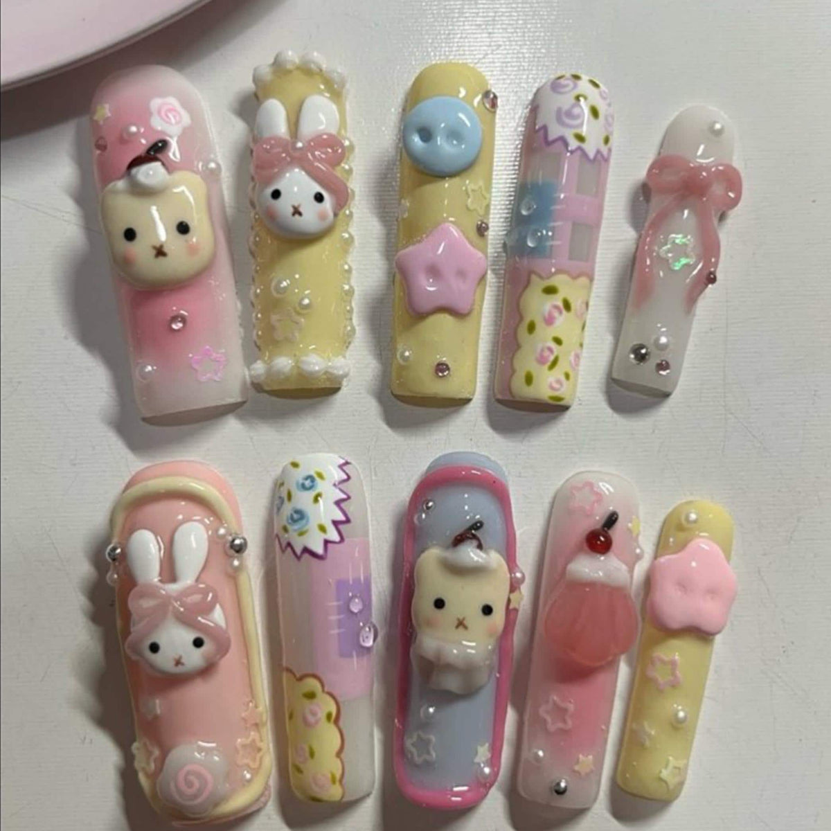 Kawaii Pastel 3D Character Nail Set in Pink, Yellow, Lavender and Blue