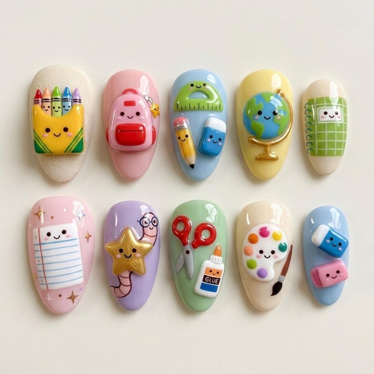 Kawaii Pastel Back-to-School Press-On Nails With 3D School Supplies