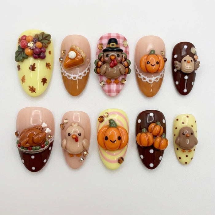 Kawaii Thanksgiving Press On Nails With 3D Turkeys, Pumpkins, Pie, and Plaid