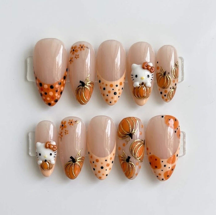 Kitty Pumpkin Press On Nails With Orange Polka Dot French Tips