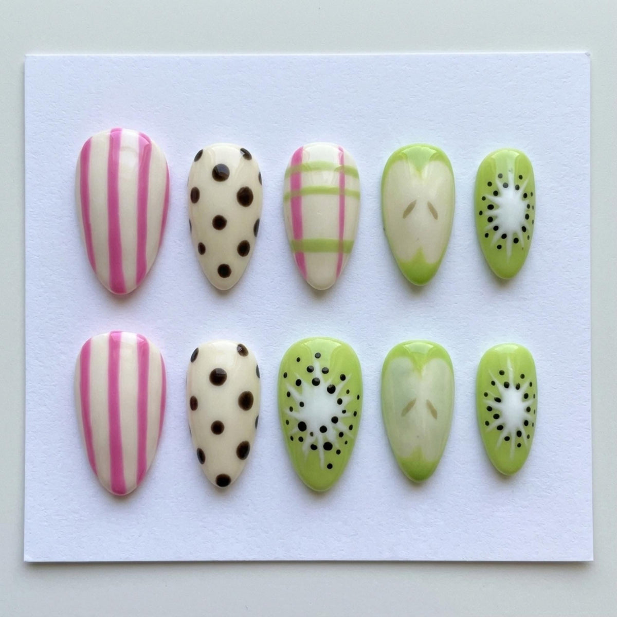Kiwi-Inspired Fruit Nail Set With Pink Stripes, Plaid, and Polka Dots