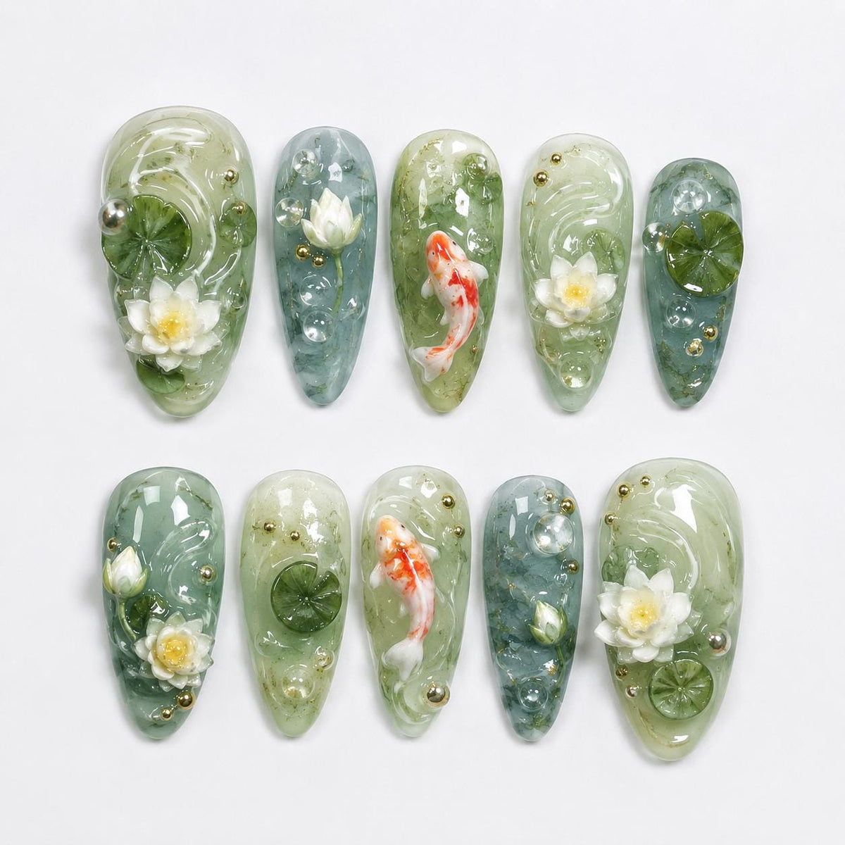 Koi Fish and White Lotus Pond Press-On Nail Set