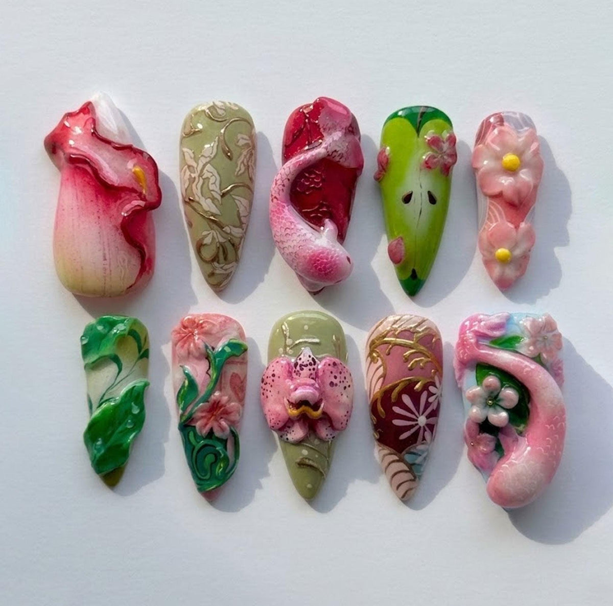 Koi Pond Floral Press-On Nails With Sculpted Pink Blooms and Gold Botanical Details