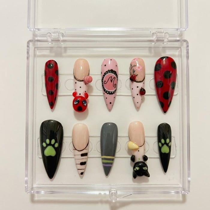 Ladybug and Cat Press On Nails with Paw Prints and 3D Details