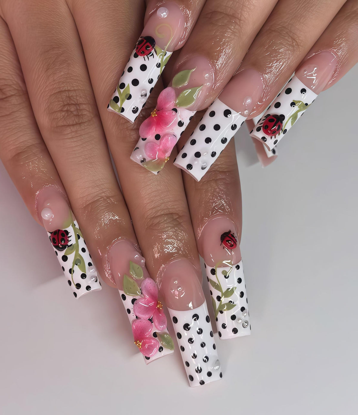 Ladybug and Pink Flower Polka Dot Press On Nails