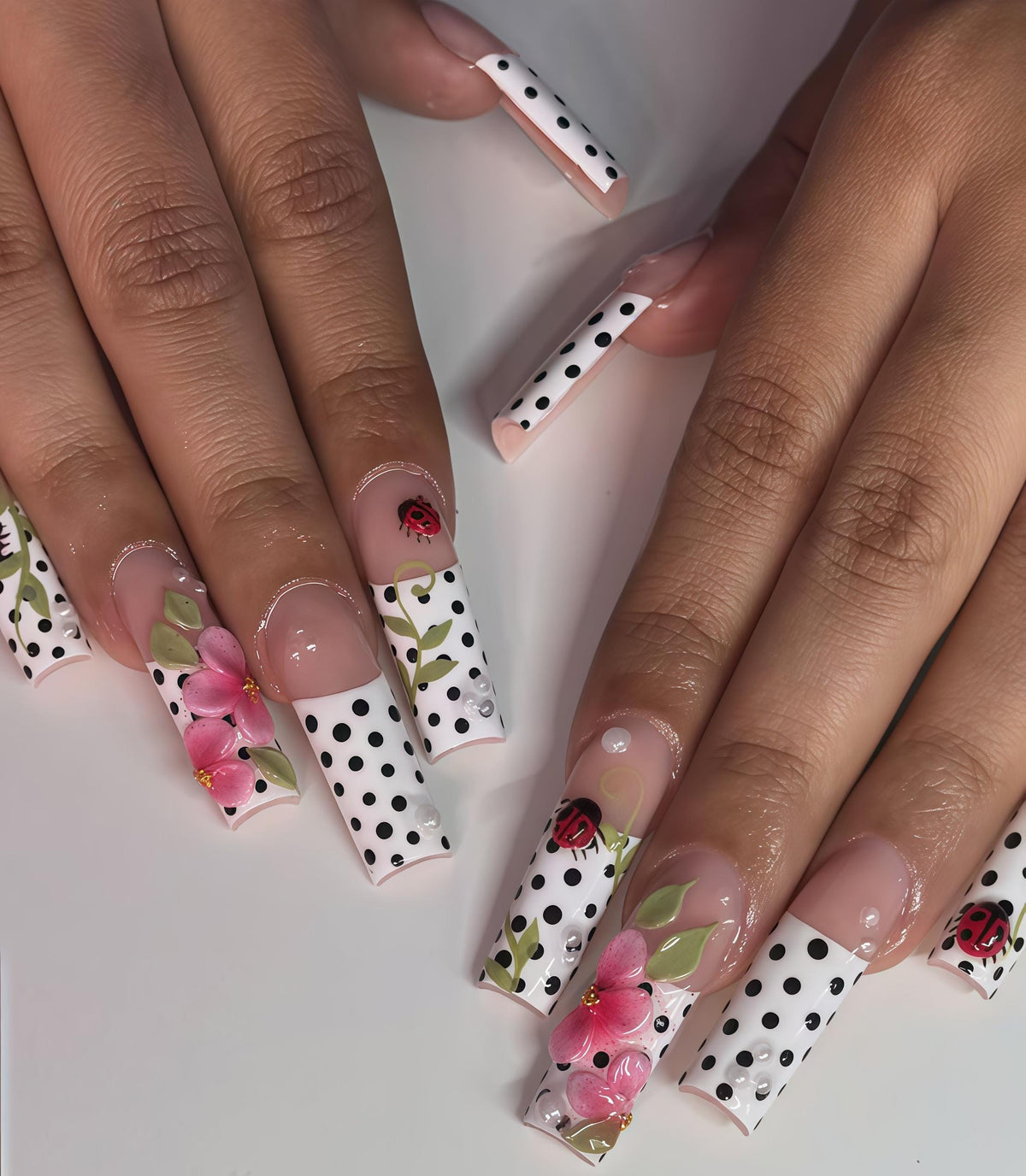 Ladybug and Pink Flower Polka Dot Press On Nails