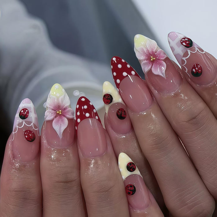 Ladybug and Pink Flower Press On Nails with Polka Dot Tips and Lace