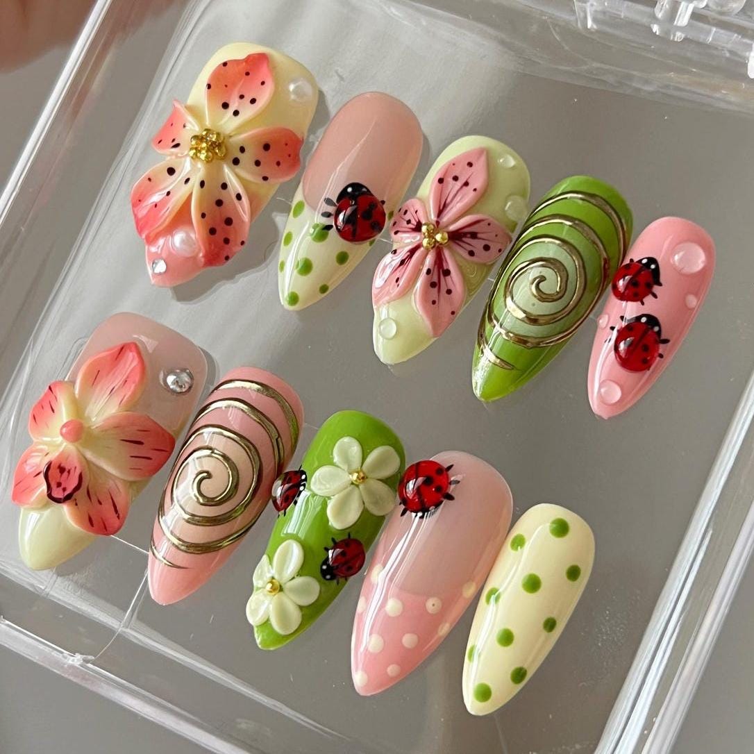 Ladybug and Raised Flower Press On Nails with Green Polka Dots and Gold Spirals