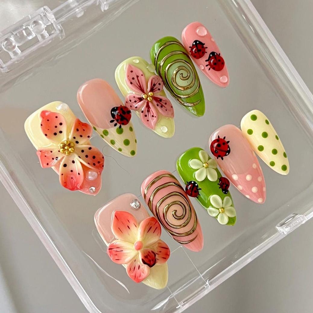 Ladybug and Raised Flower Press On Nails with Green Polka Dots and Gold Spirals