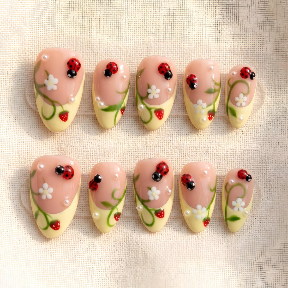 Ladybug, Strawberry & Floral French Tip Press On Nails