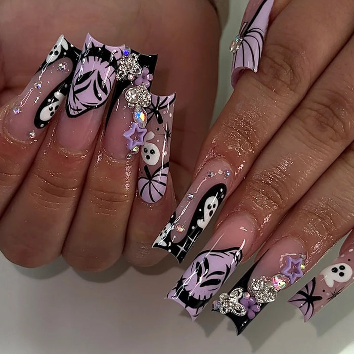 Lavender and Black Halloween Skull, Spiderweb, and Charm Press On Nail Set