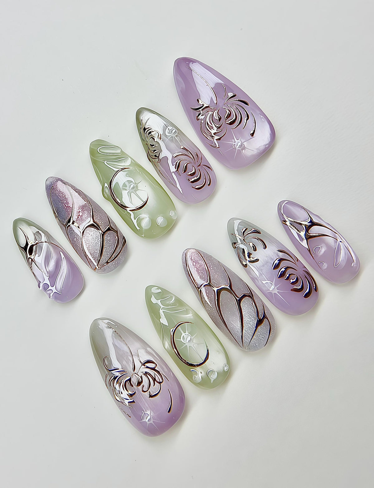Lavender and Green Celestial Nails with Chrome Butterfly and Floral Details