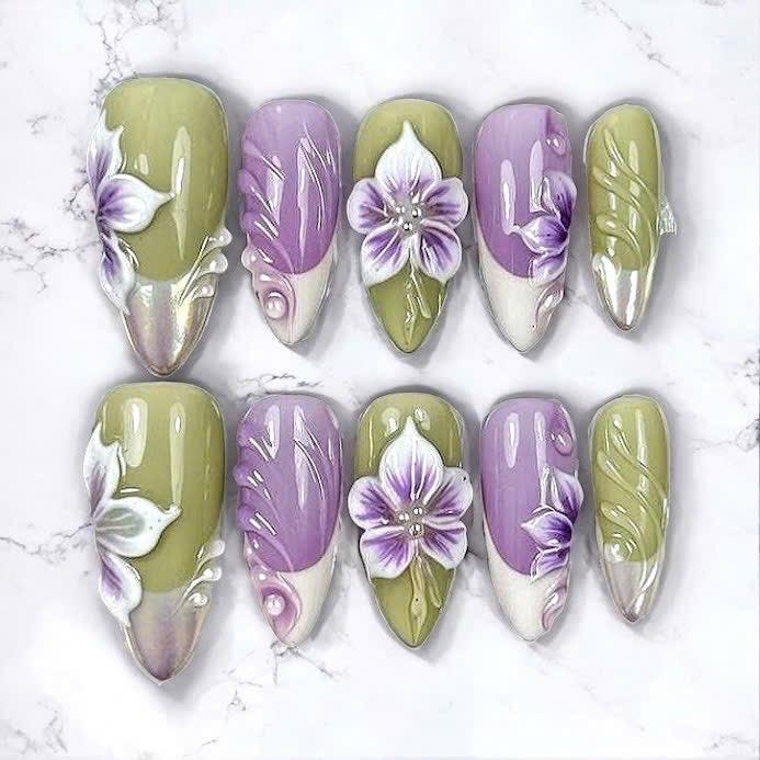 Lavender and Olive Green 3D Orchid Flower Spring Summer Press On Nails
