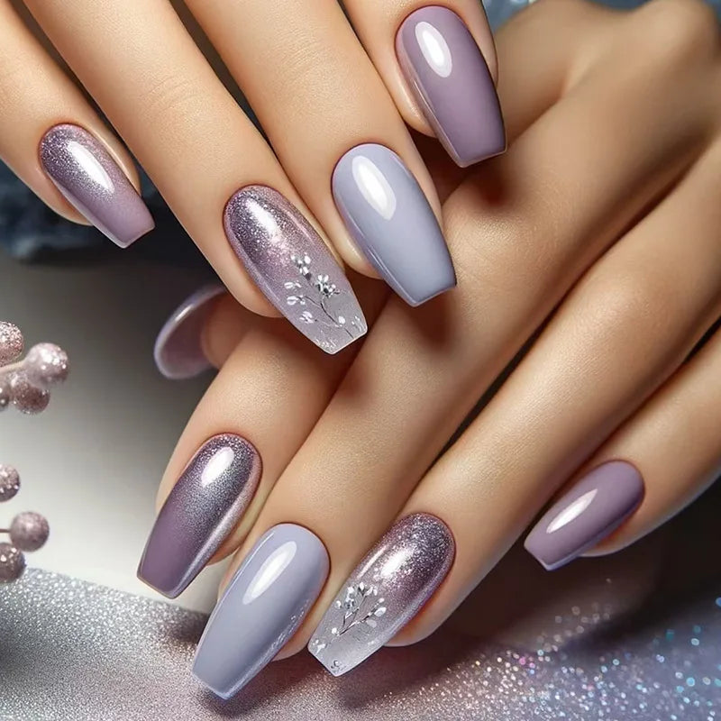 Lavender and Pale Blue Glitter Nails with Silver Floral Accents