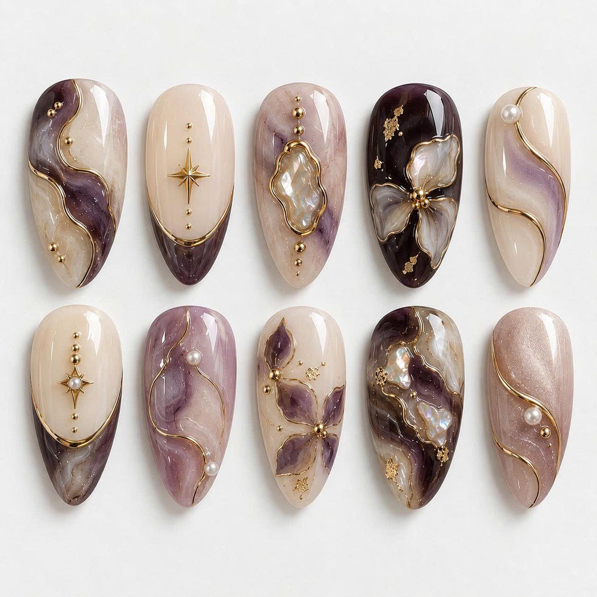 Lavender and Plum Marble Press-On Nails with Gold Lines, Pearls, and Floral Accents