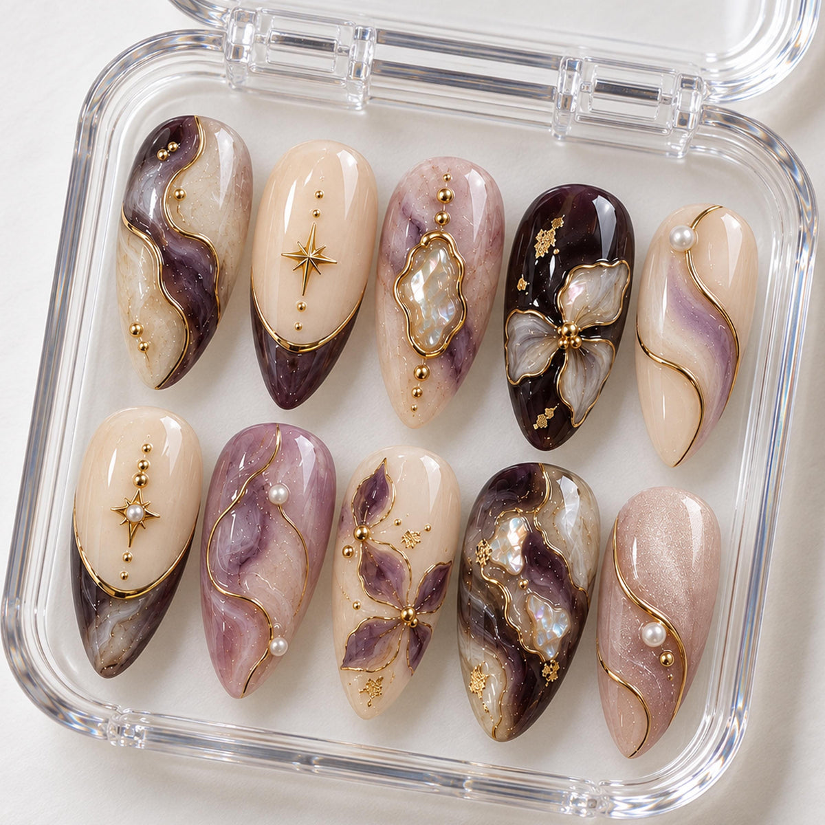 Lavender and Plum Marble Press-On Nails with Gold Lines, Pearls, and Floral Accents