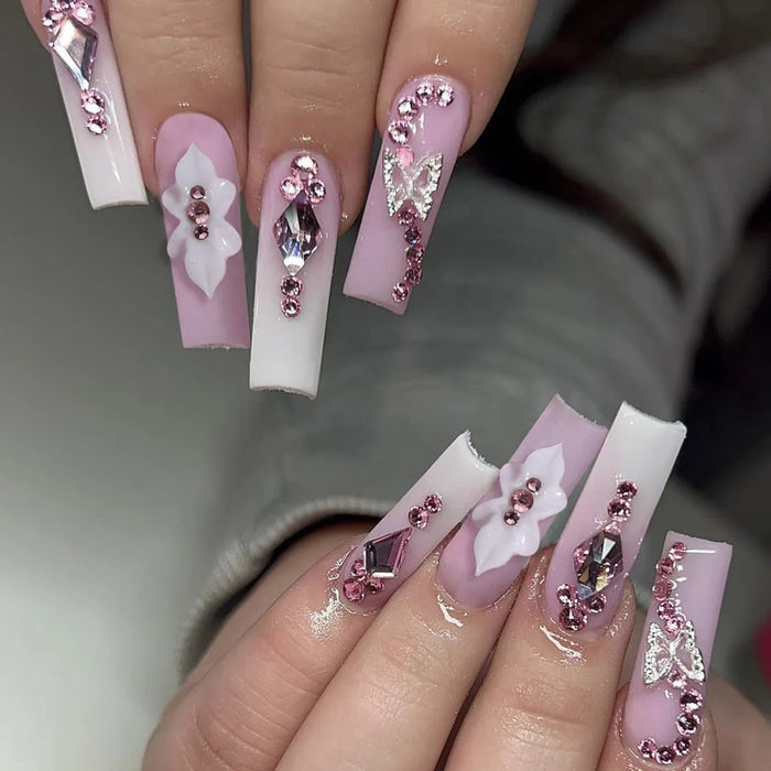 Lavender and White 3D Floral Rhinestone Press On Nails