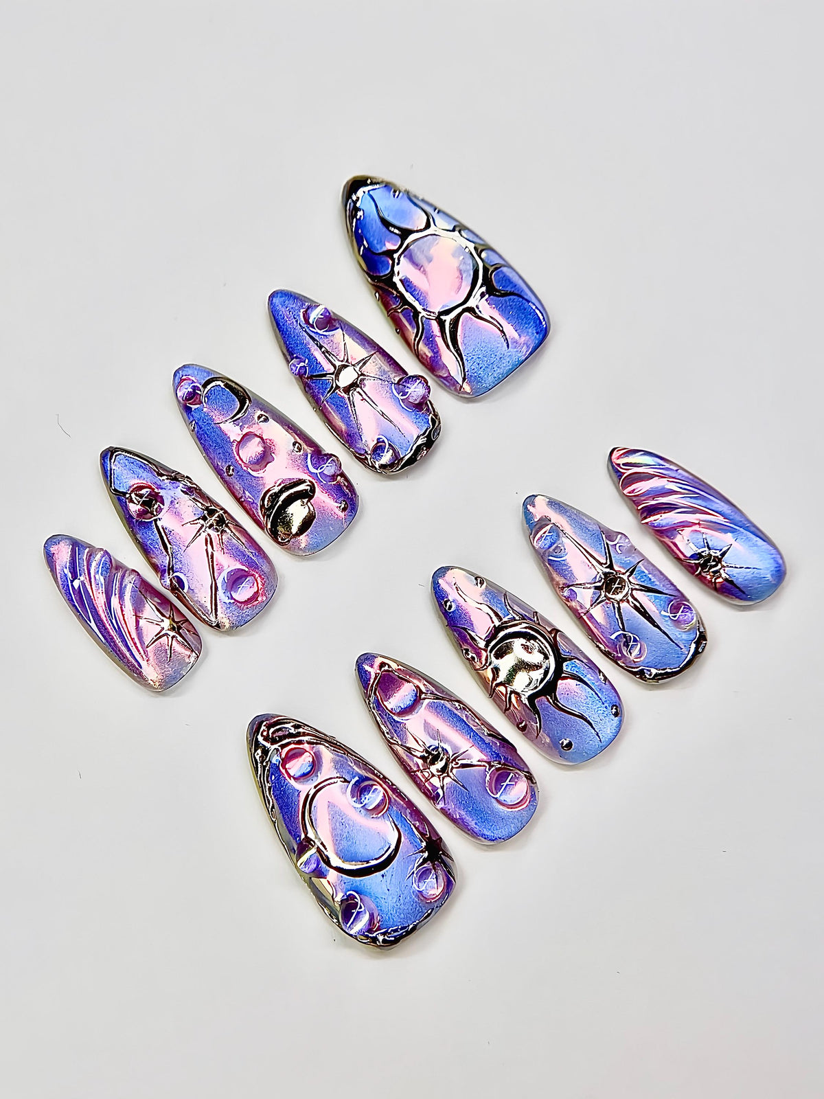Lavender Blue Celestial Galaxy Nail Set With Reflective Swirls